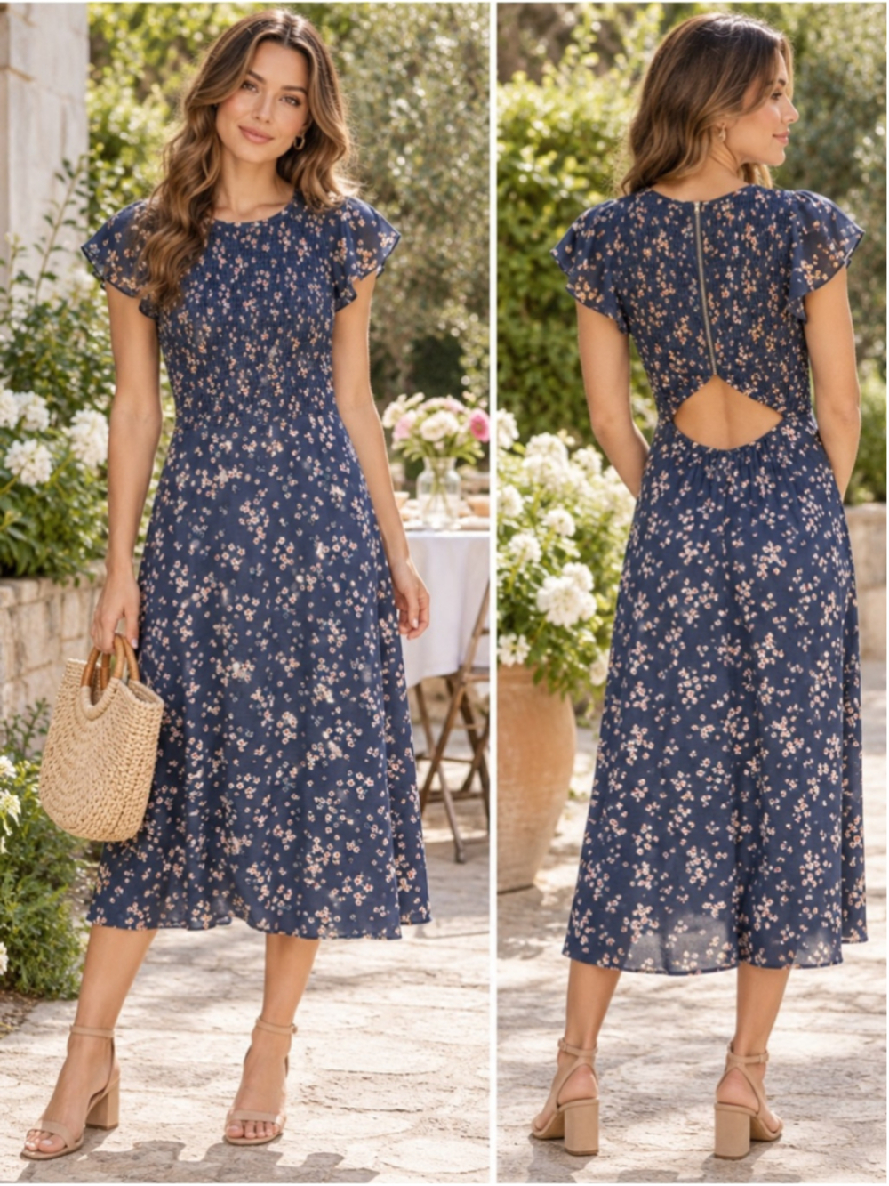 ALI & JAY Navy Floral Midi Dress with Back Cutout Size M Wedding Vacation